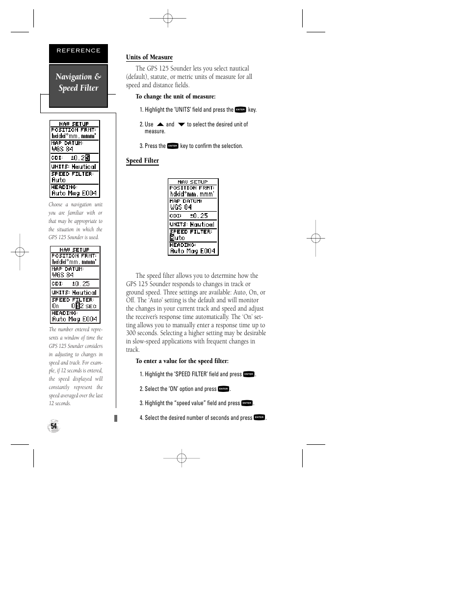 Navigation & speed filter | Garmin GPS 125 Sounder User Manual | Page 58 / 84