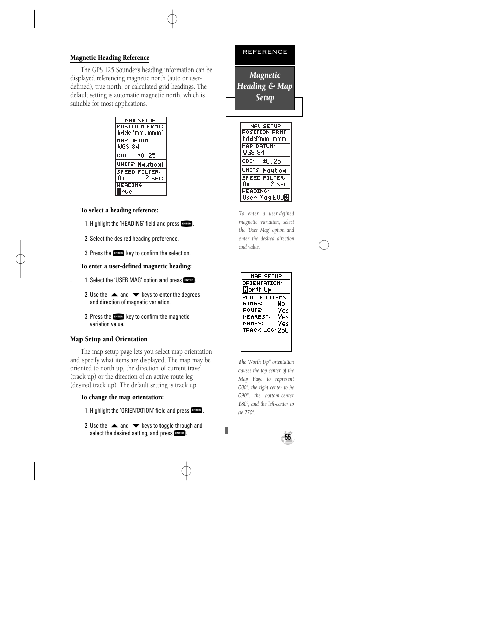 Magnetic heading & map setup | Garmin GPS 125 Sounder User Manual | Page 59 / 84