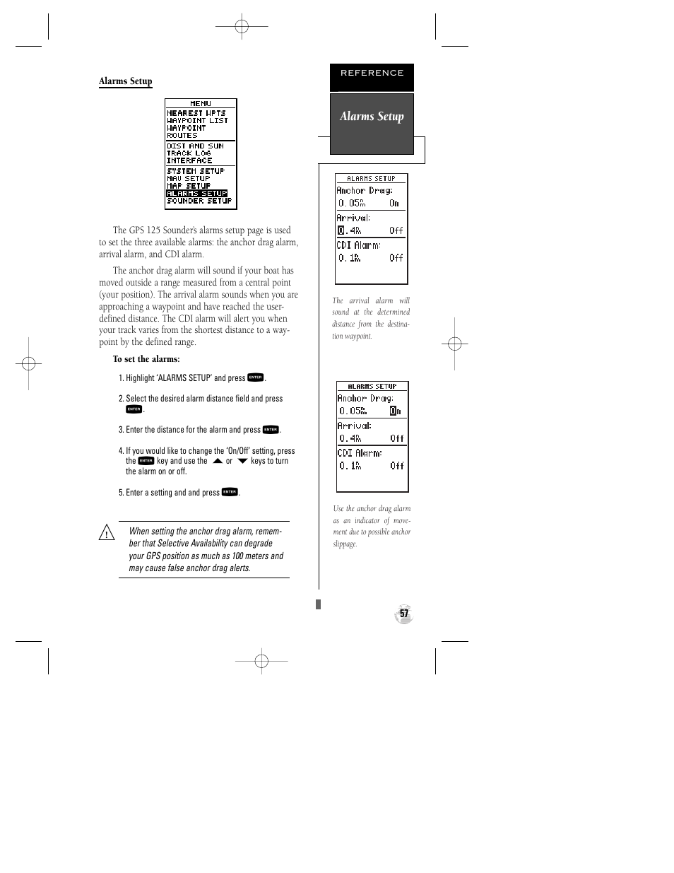 Alarms setup | Garmin GPS 125 Sounder User Manual | Page 61 / 84