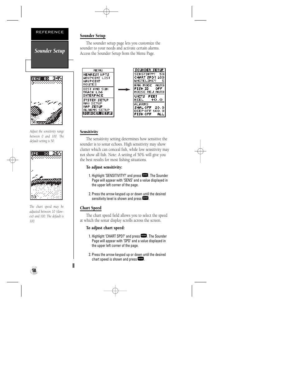 Sounder setup | Garmin GPS 125 Sounder User Manual | Page 62 / 84