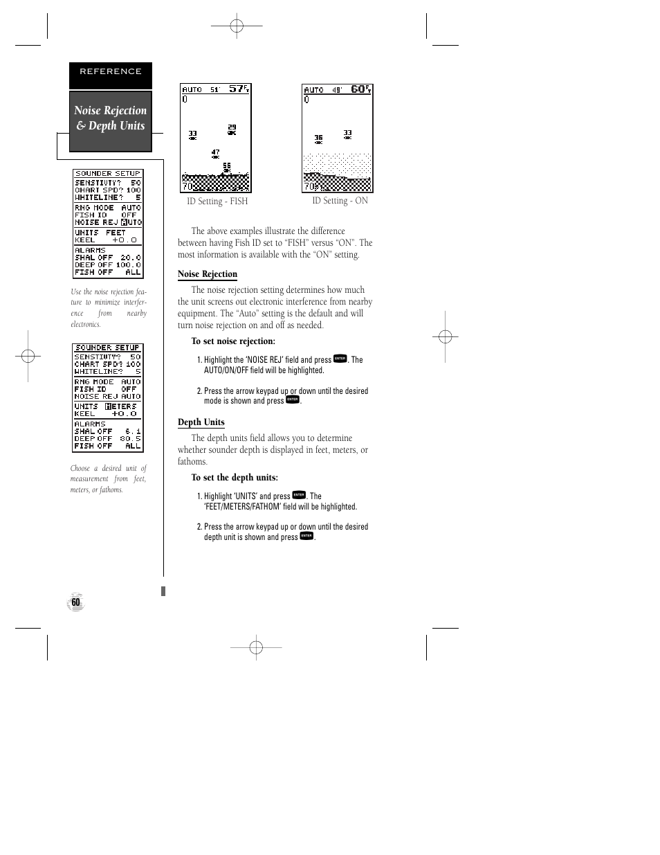 Noise rejection & depth units | Garmin GPS 125 Sounder User Manual | Page 64 / 84