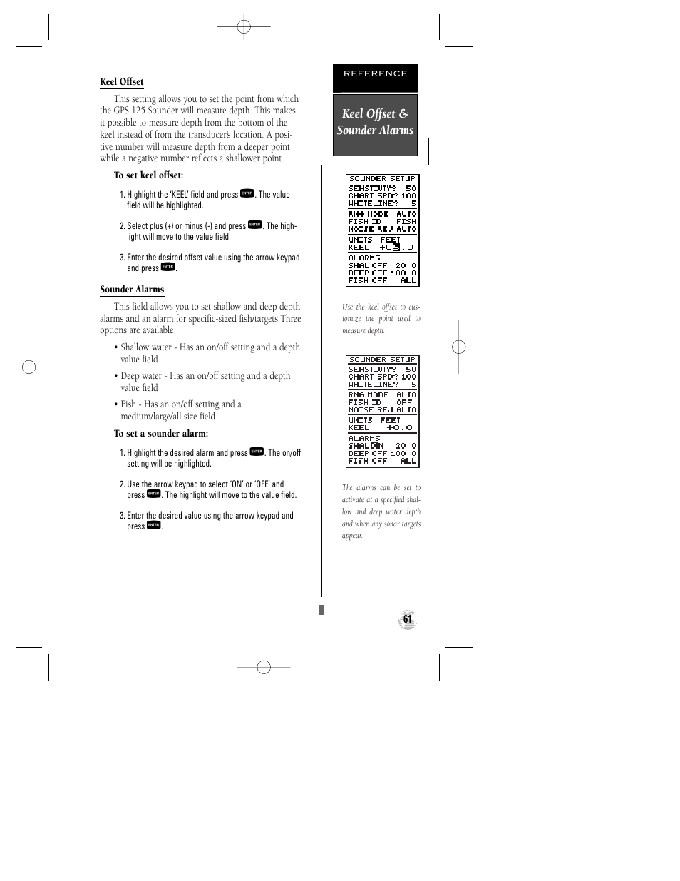 Keel offset & sounder alarms | Garmin GPS 125 Sounder User Manual | Page 65 / 84