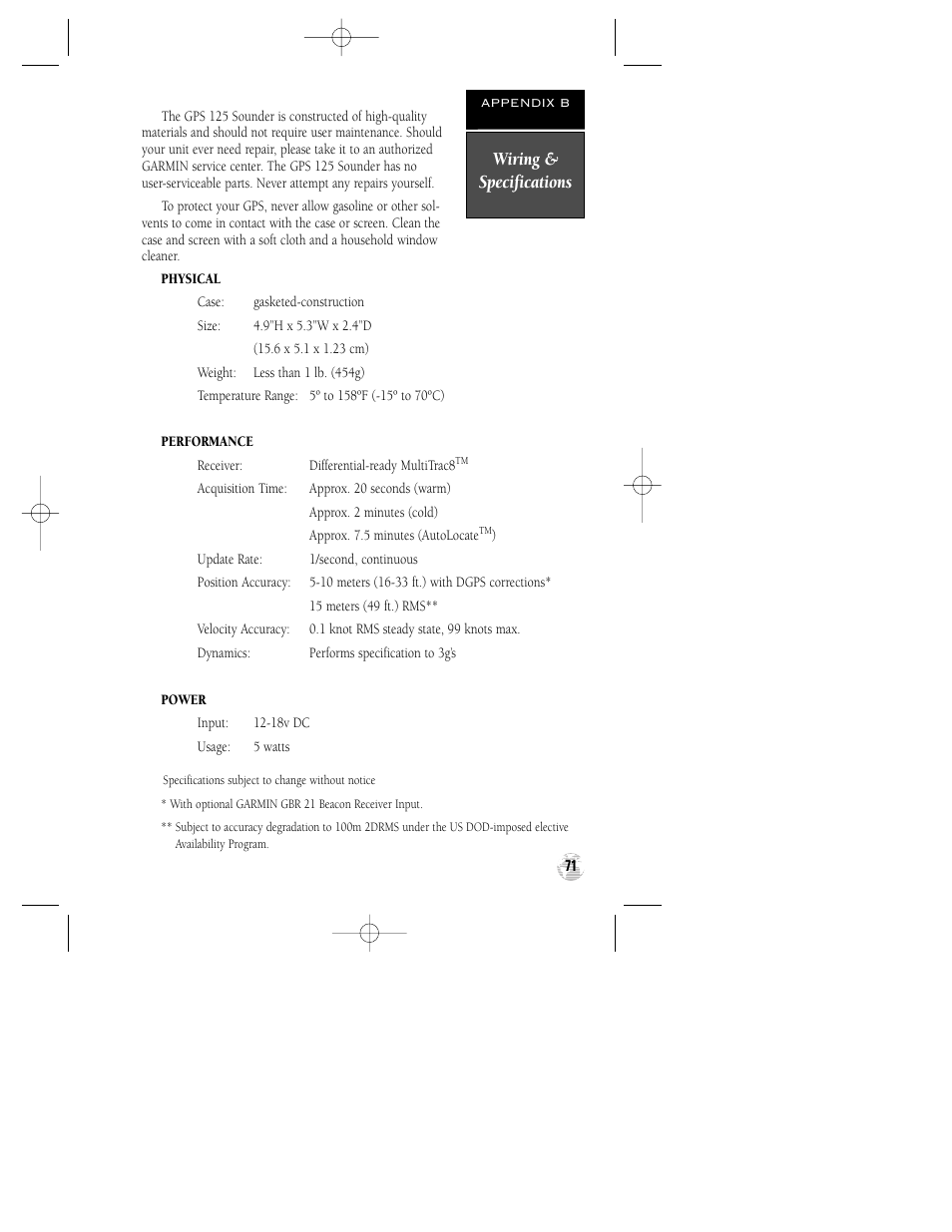 Wiring & specifications | Garmin GPS 125 Sounder User Manual | Page 75 / 84