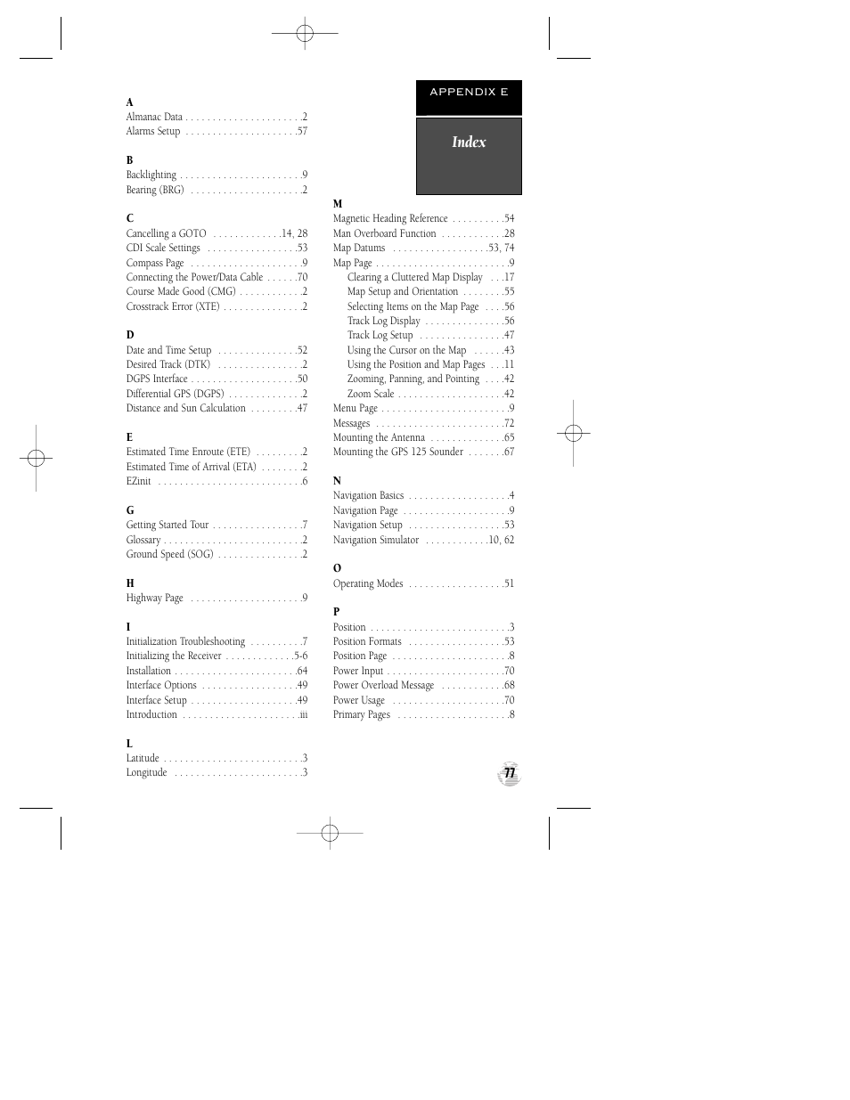 Index | Garmin GPS 125 Sounder User Manual | Page 81 / 84