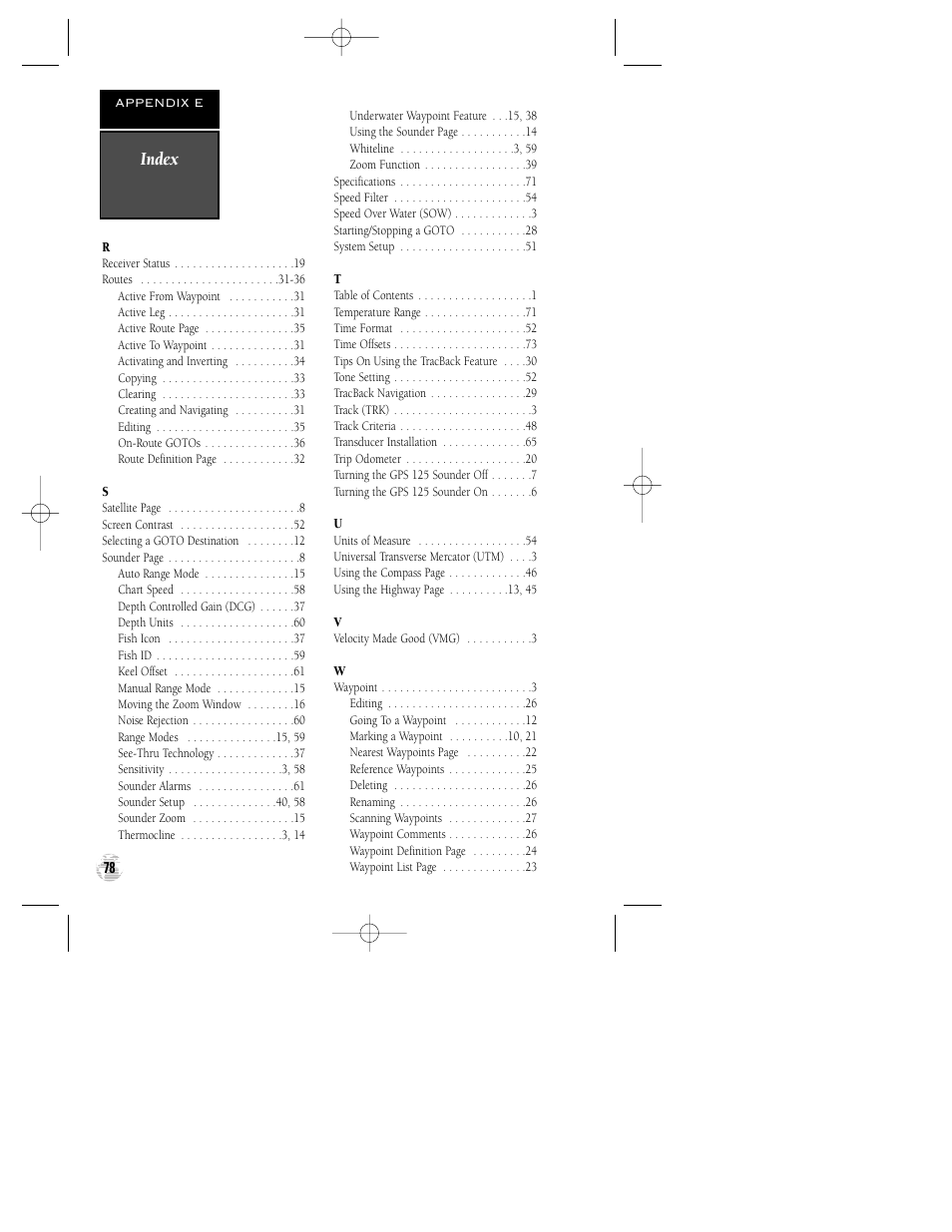 Index | Garmin GPS 125 Sounder User Manual | Page 82 / 84