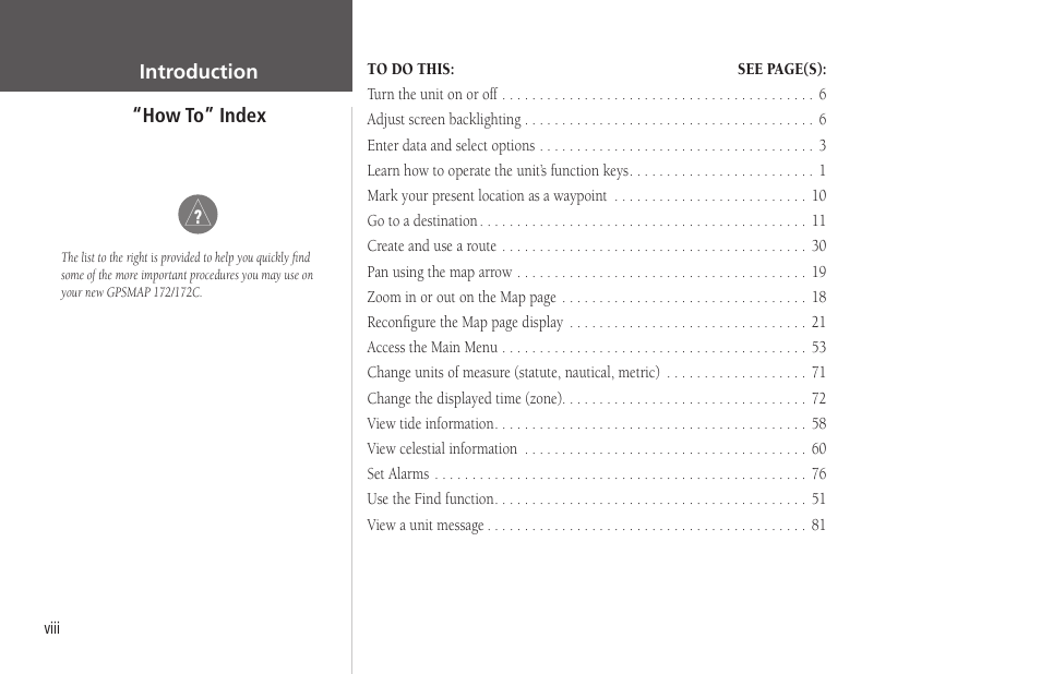 How to” index | Garmin GPSMAP 172C User Manual | Page 10 / 110