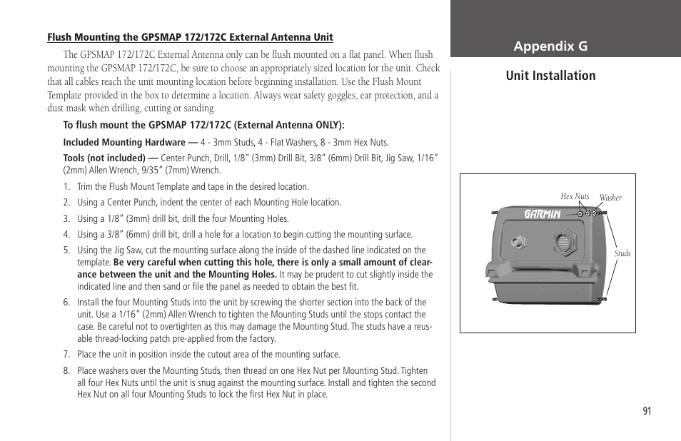 Appendix g unit installation | Garmin GPSMAP 172C User Manual | Page 101 / 110