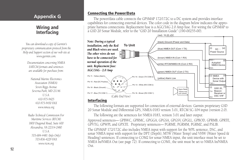 Appendix g wiring and interfacing, Connecting the power/data, Interfacing | Garmin GPSMAP 172C User Manual | Page 102 / 110