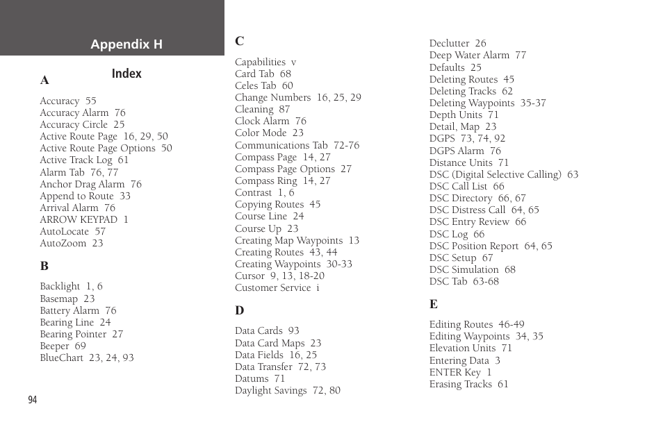 Appendix h, Appendix g: installation appendix h: index | Garmin GPSMAP 172C User Manual | Page 104 / 110