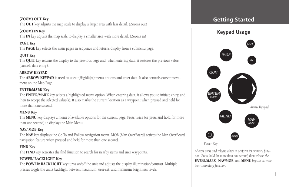 Getting started, Keypad usage, Getting started -17 | Getting started keypad usage | Garmin GPSMAP 172C User Manual | Page 11 / 110