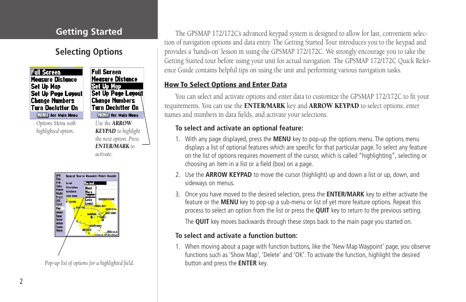 Selecting options, Getting started selecting options | Garmin GPSMAP 172C User Manual | Page 12 / 110