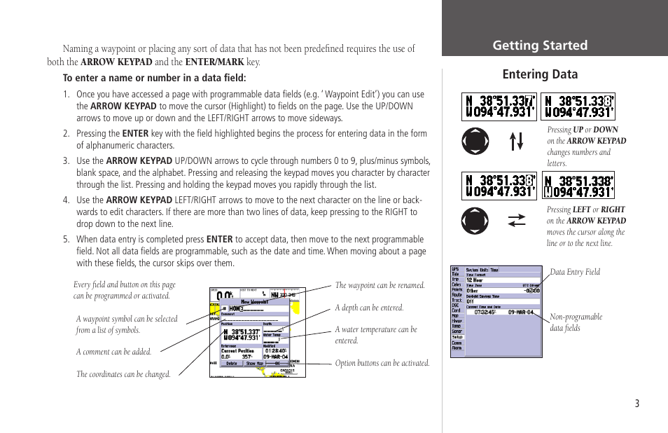 Entering data, Getting started entering data | Garmin GPSMAP 172C User Manual | Page 13 / 110