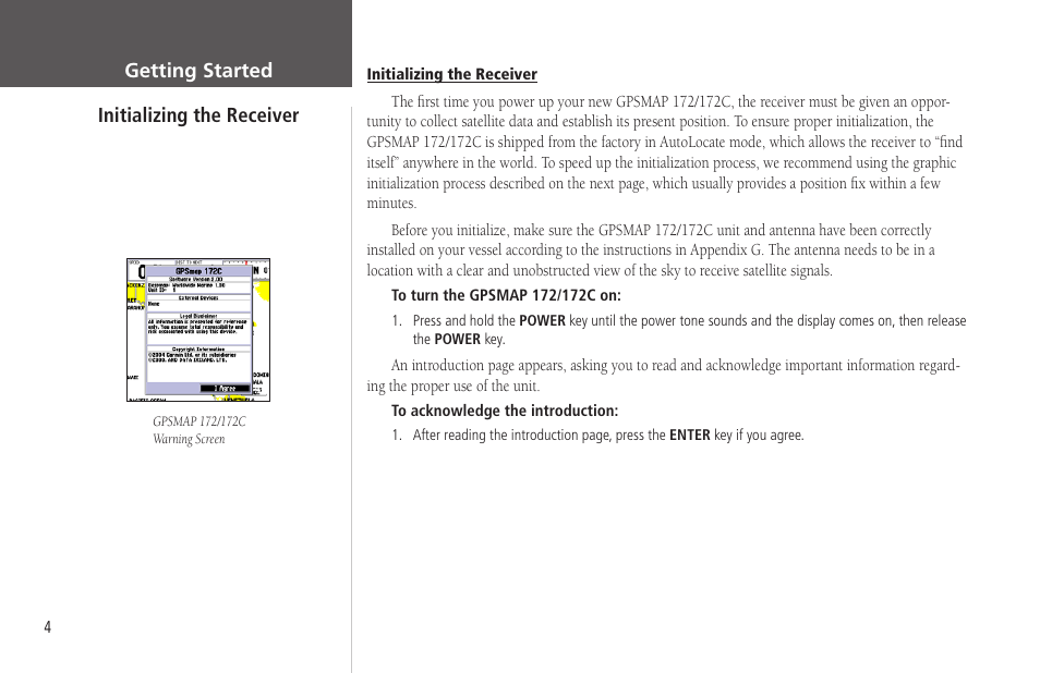 Initializing the receiver | Garmin GPSMAP 172C User Manual | Page 14 / 110