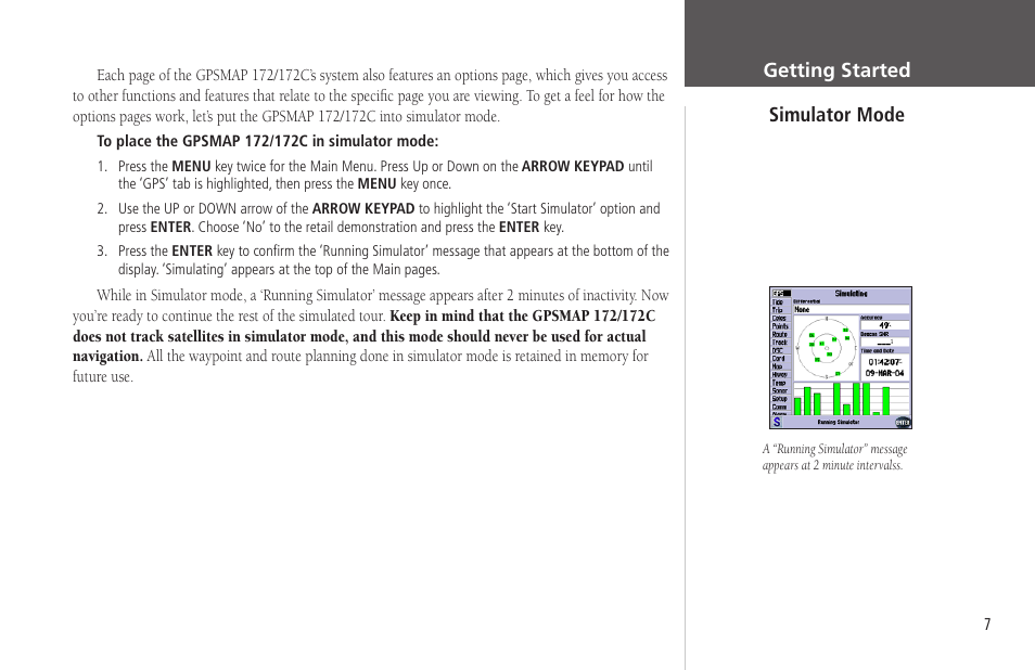 Simulator mode, Getting started simulator mode | Garmin GPSMAP 172C User Manual | Page 17 / 110