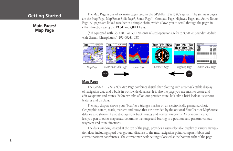 Getting started main pages/ map page | Garmin GPSMAP 172C User Manual | Page 18 / 110