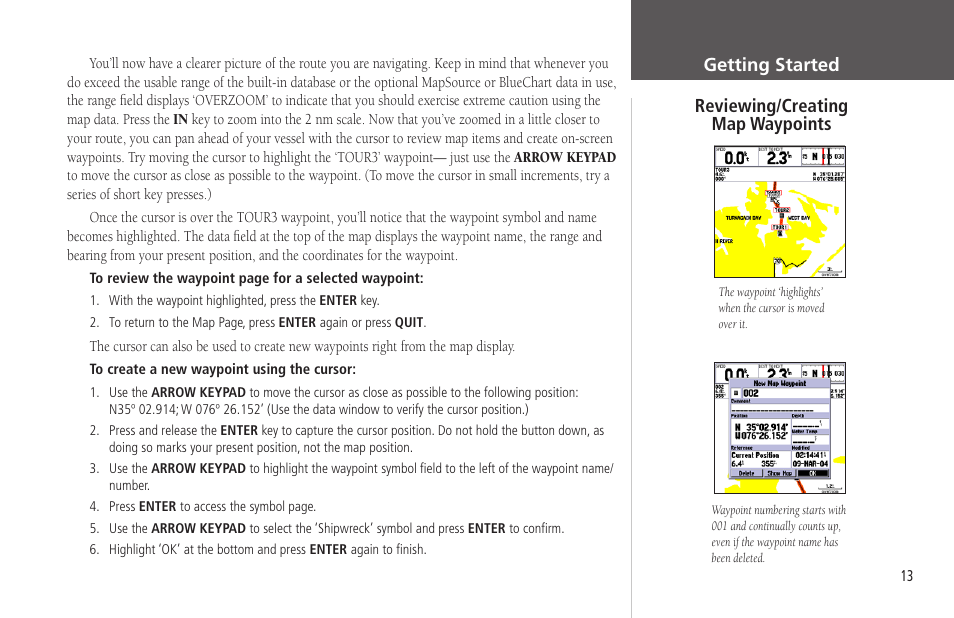 Reviewing/creatingmap waypoints, Reviewing/creating map waypoints, Getting started reviewing/creating map waypoints | Garmin GPSMAP 172C User Manual | Page 23 / 110