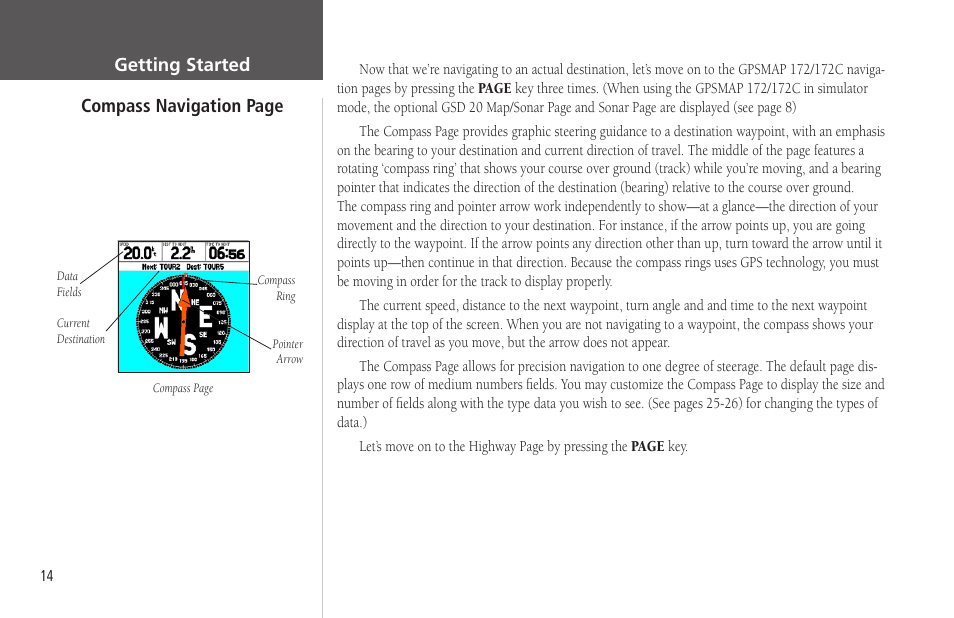 Getting started compass navigation page | Garmin GPSMAP 172C User Manual | Page 24 / 110