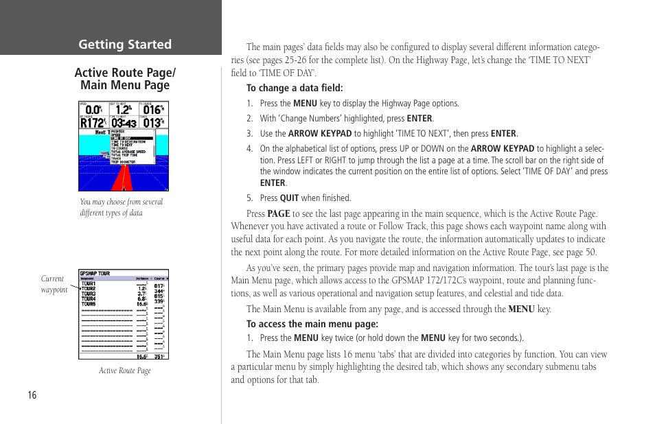 Getting started active route page/ main menu page | Garmin GPSMAP 172C User Manual | Page 26 / 110