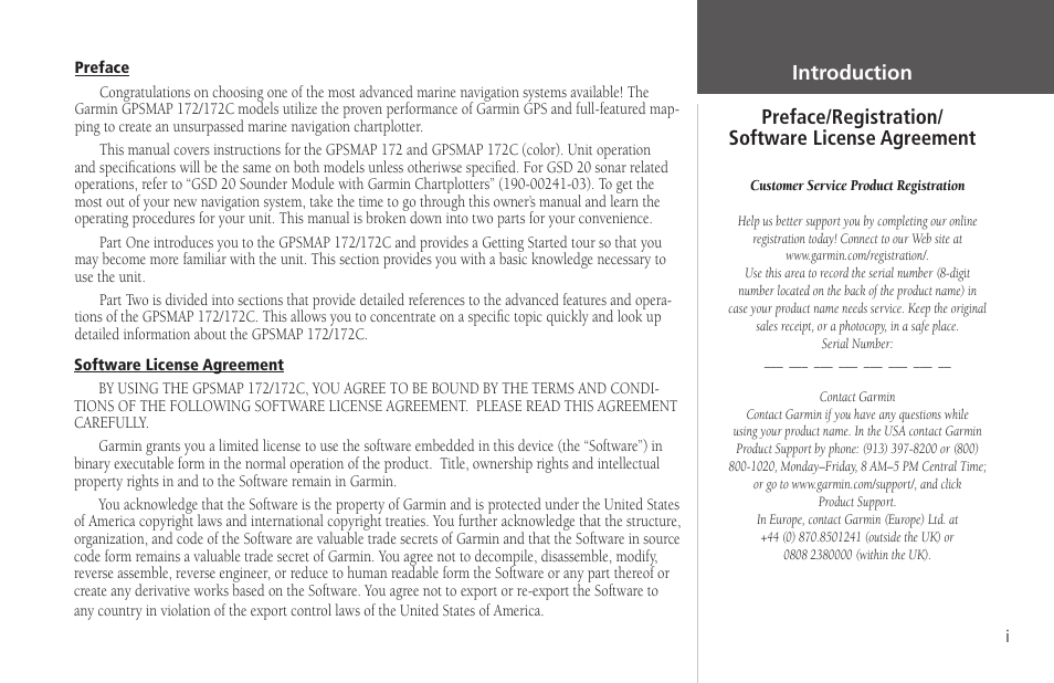 Software license agreement, Preface/registration, Introduction | Garmin GPSMAP 172C User Manual | Page 3 / 110