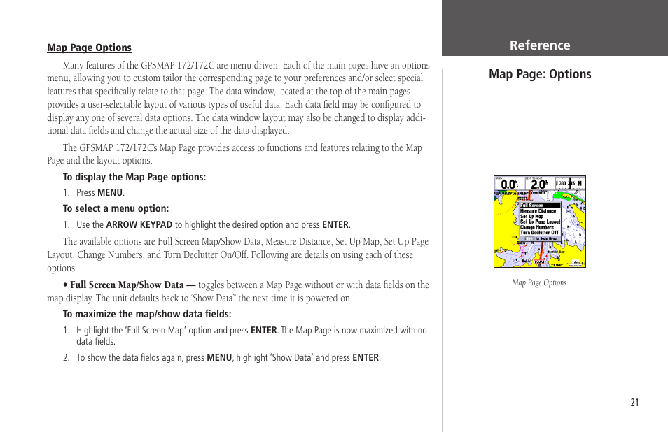 Options, Reference map page: options | Garmin GPSMAP 172C User Manual | Page 31 / 110