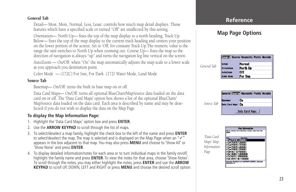 Map page options reference | Garmin GPSMAP 172C User Manual | Page 33 / 110