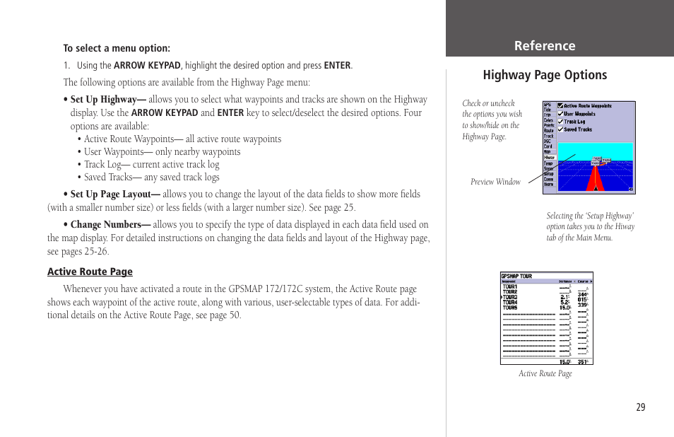 Reference highway page options | Garmin GPSMAP 172C User Manual | Page 39 / 110