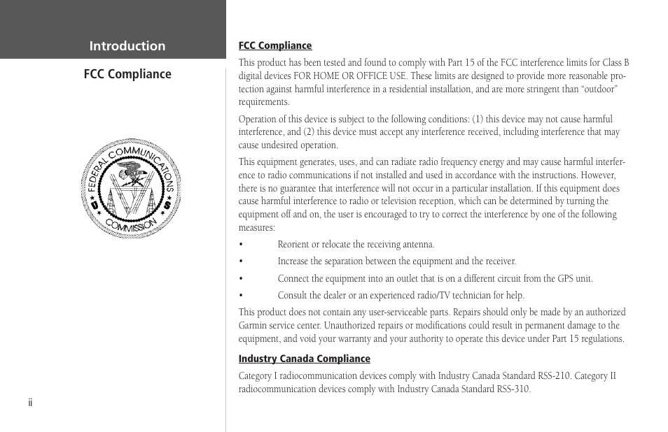Fcc compliance | Garmin GPSMAP 172C User Manual | Page 4 / 110