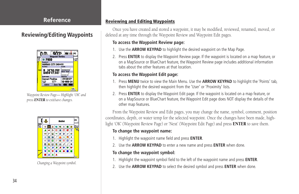 Reviewing/editing waypoints, Reviewing, Editing | Reference reviewing/editing waypoints | Garmin GPSMAP 172C User Manual | Page 44 / 110