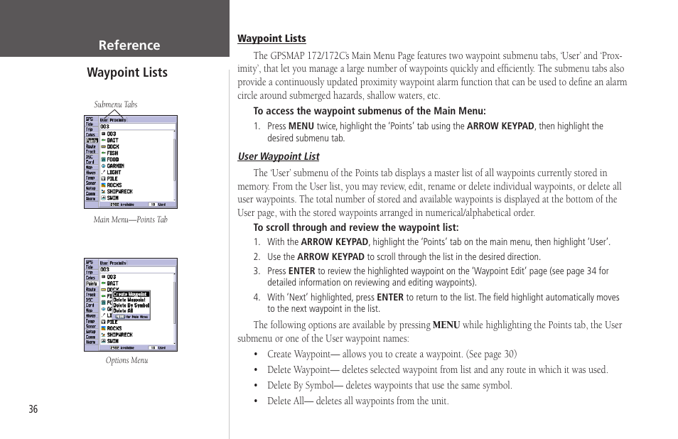Waypoint lists, Lists, Reference waypoint lists | Garmin GPSMAP 172C User Manual | Page 46 / 110