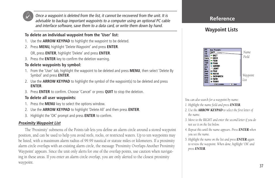 Reference waypoint lists | Garmin GPSMAP 172C User Manual | Page 47 / 110