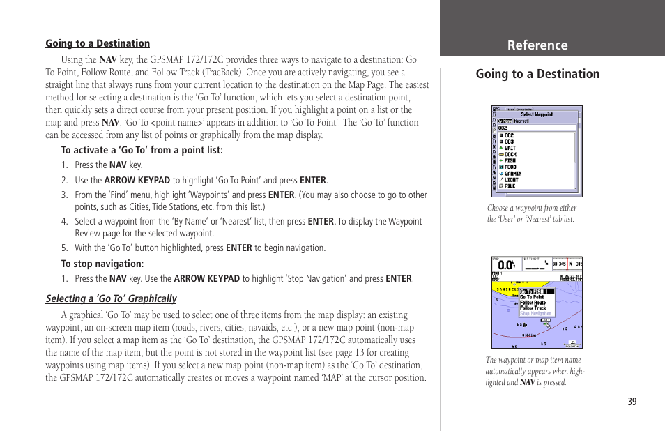 Going to a destination, Reference going to a destination | Garmin GPSMAP 172C User Manual | Page 49 / 110