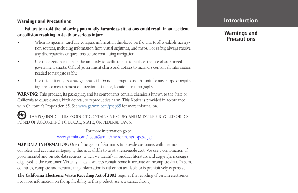 Warnings and precautions | Garmin GPSMAP 172C User Manual | Page 5 / 110