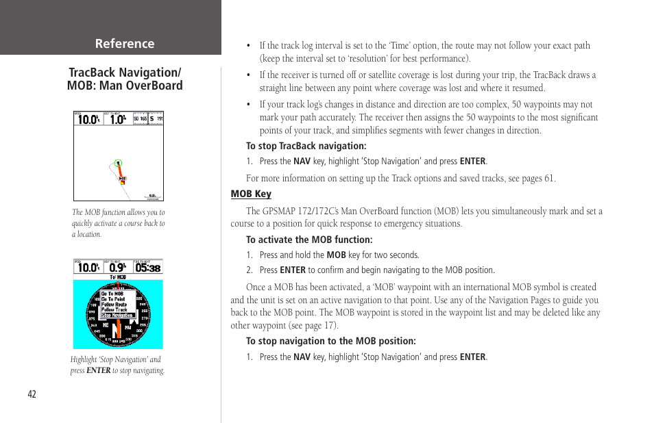 Mob: man overboard | Garmin GPSMAP 172C User Manual | Page 52 / 110