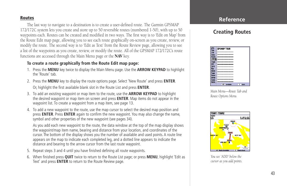 Creating routes, Routes, Reference creating routes | Garmin GPSMAP 172C User Manual | Page 53 / 110