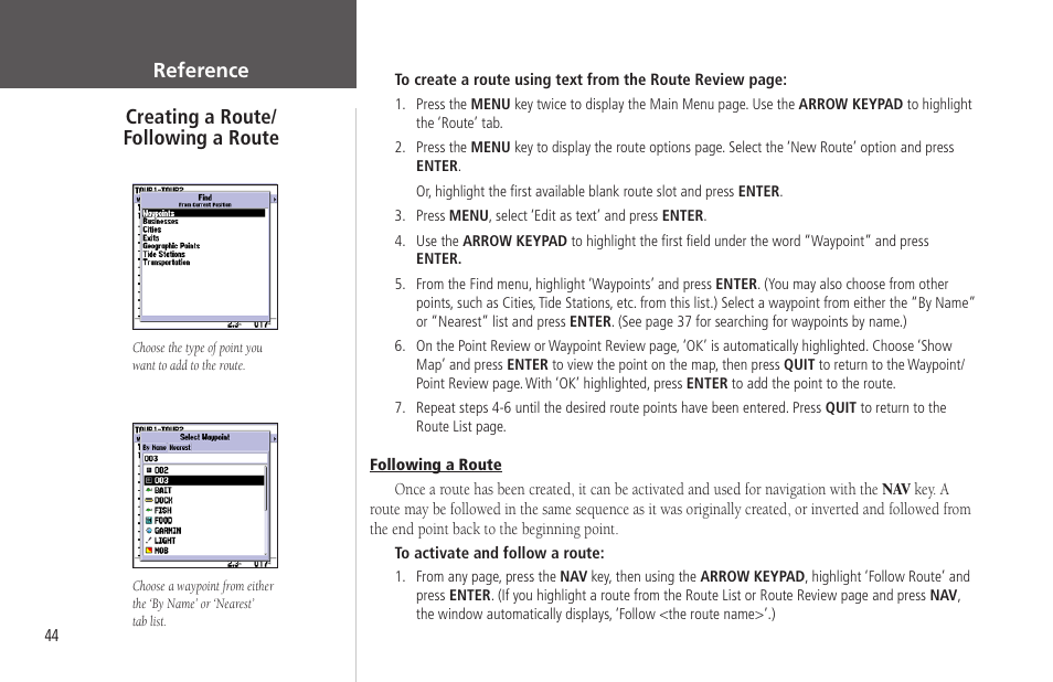 Creating a route/following a route, Creating, Reference creating a route/ following a route | Garmin GPSMAP 172C User Manual | Page 54 / 110