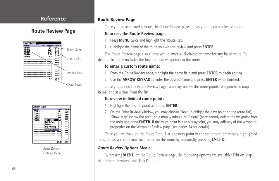 Reference route review page | Garmin GPSMAP 172C User Manual | Page 56 / 110