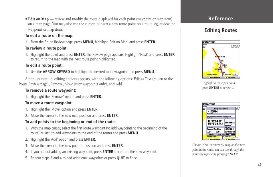 Editing routes, Editing, Reference editing routes | Garmin GPSMAP 172C User Manual | Page 57 / 110