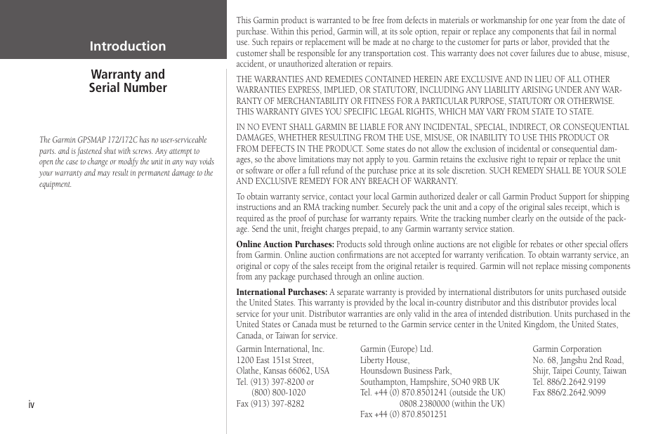 Warranty andserial number | Garmin GPSMAP 172C User Manual | Page 6 / 110