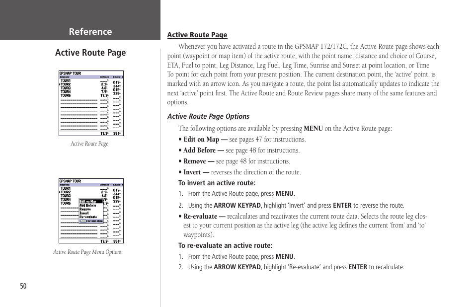 Reference active route page | Garmin GPSMAP 172C User Manual | Page 60 / 110