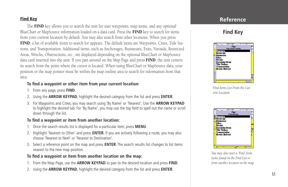 Find key, Reference find key | Garmin GPSMAP 172C User Manual | Page 61 / 110