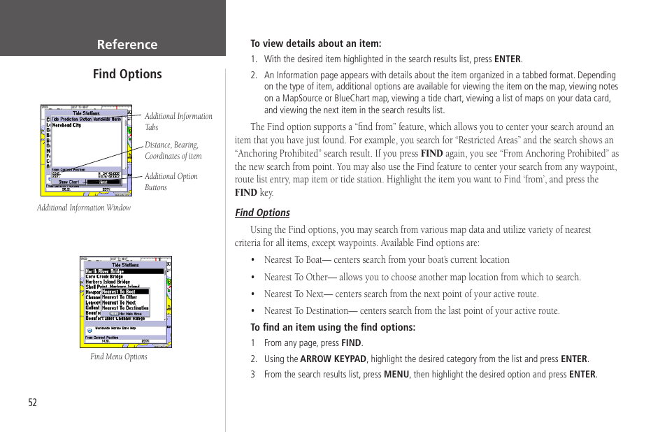 Find options, Reference find options | Garmin GPSMAP 172C User Manual | Page 62 / 110
