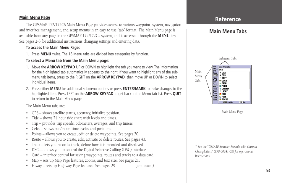 Main menu tabs, Reference main menu tabs | Garmin GPSMAP 172C User Manual | Page 63 / 110