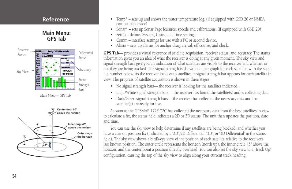 Main menu:gps tab, Gps tab, Main menu: gps tab | Reference | Garmin GPSMAP 172C User Manual | Page 64 / 110