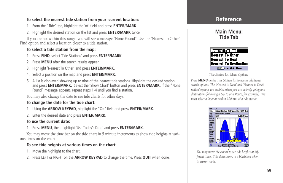 Main menu: tide tab, Reference | Garmin GPSMAP 172C User Manual | Page 69 / 110