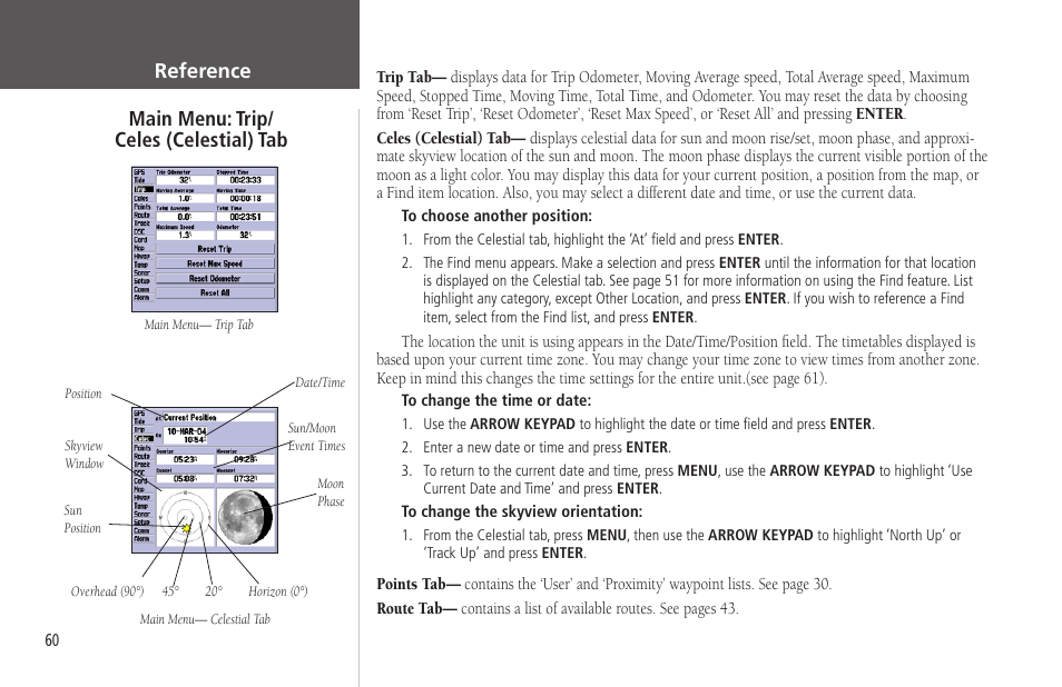 Main menu: trip, Trip, Main menu: trip/ celes (celestial) tab | Reference | Garmin GPSMAP 172C User Manual | Page 70 / 110