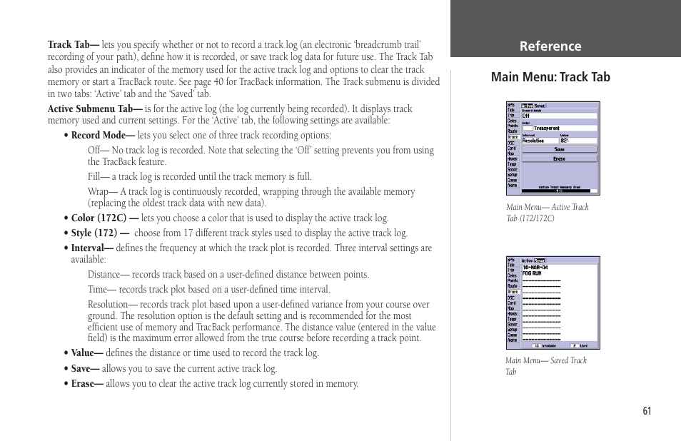Main menu: track tab, Track tab | Garmin GPSMAP 172C User Manual | Page 71 / 110