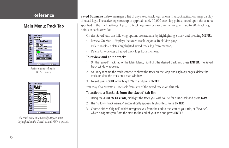 Main menu: track tab, Reference | Garmin GPSMAP 172C User Manual | Page 72 / 110