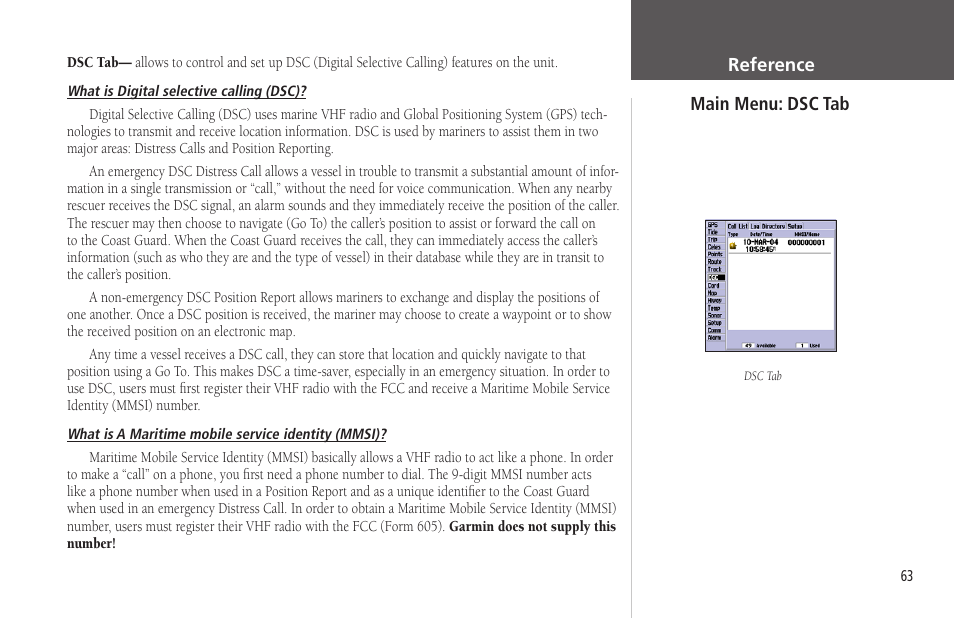 Main menu: dsc tab, Dsc tab | Garmin GPSMAP 172C User Manual | Page 73 / 110