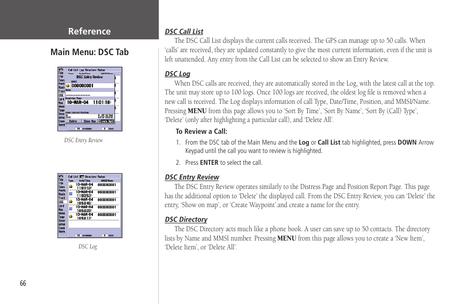 Main menu: dsc tab, Reference | Garmin GPSMAP 172C User Manual | Page 76 / 110