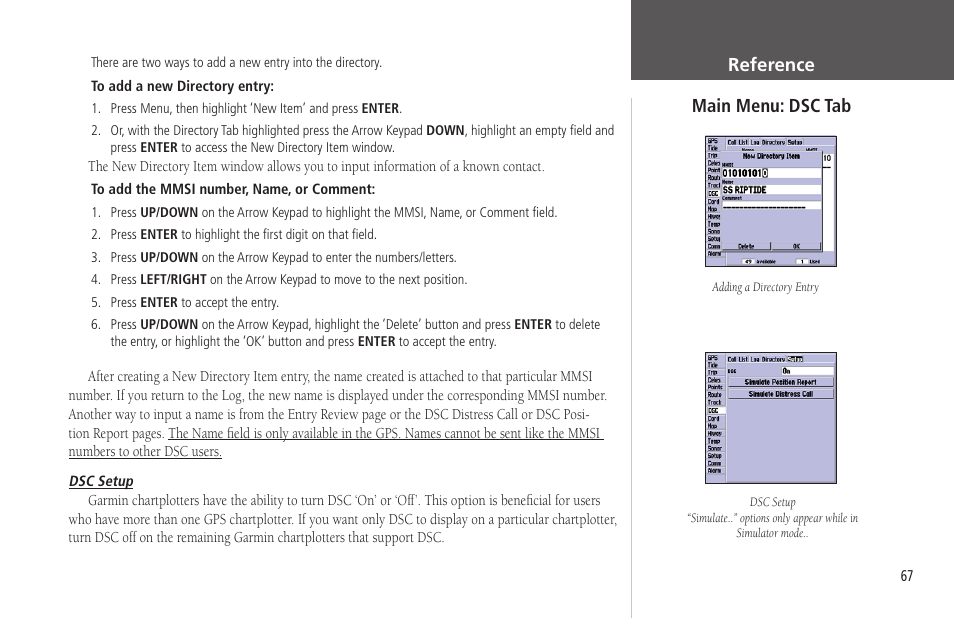 Main menu: dsc tab, Reference | Garmin GPSMAP 172C User Manual | Page 77 / 110
